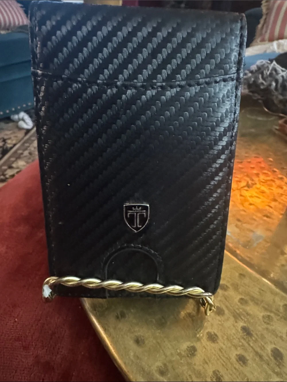Men's Black Textured Card Holder with Gold Chain Accent